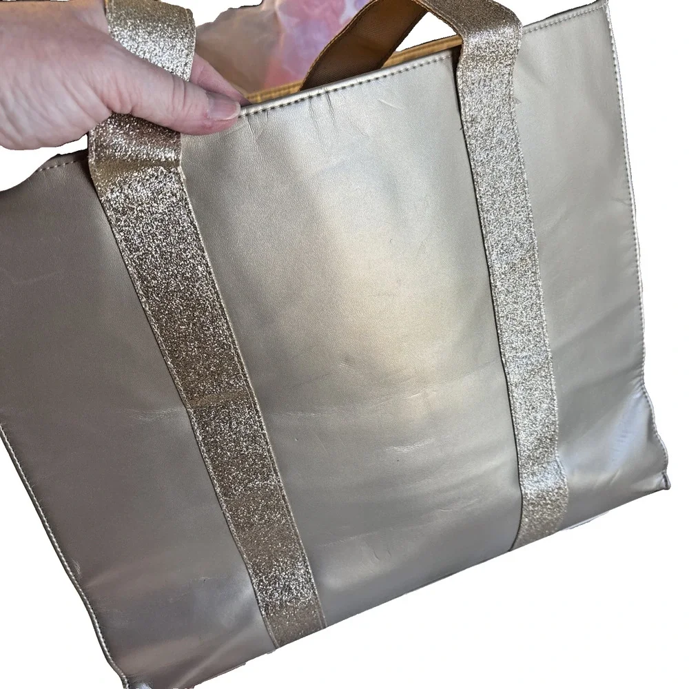 Jimmy Choo Parfums Large Tote Shoulder Bag Embossed Logo Glittery Gold Shimmer